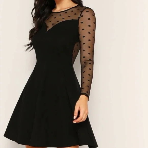 knee length dresses for ladies Black Mesh Polka Dot Short Dress main image 0